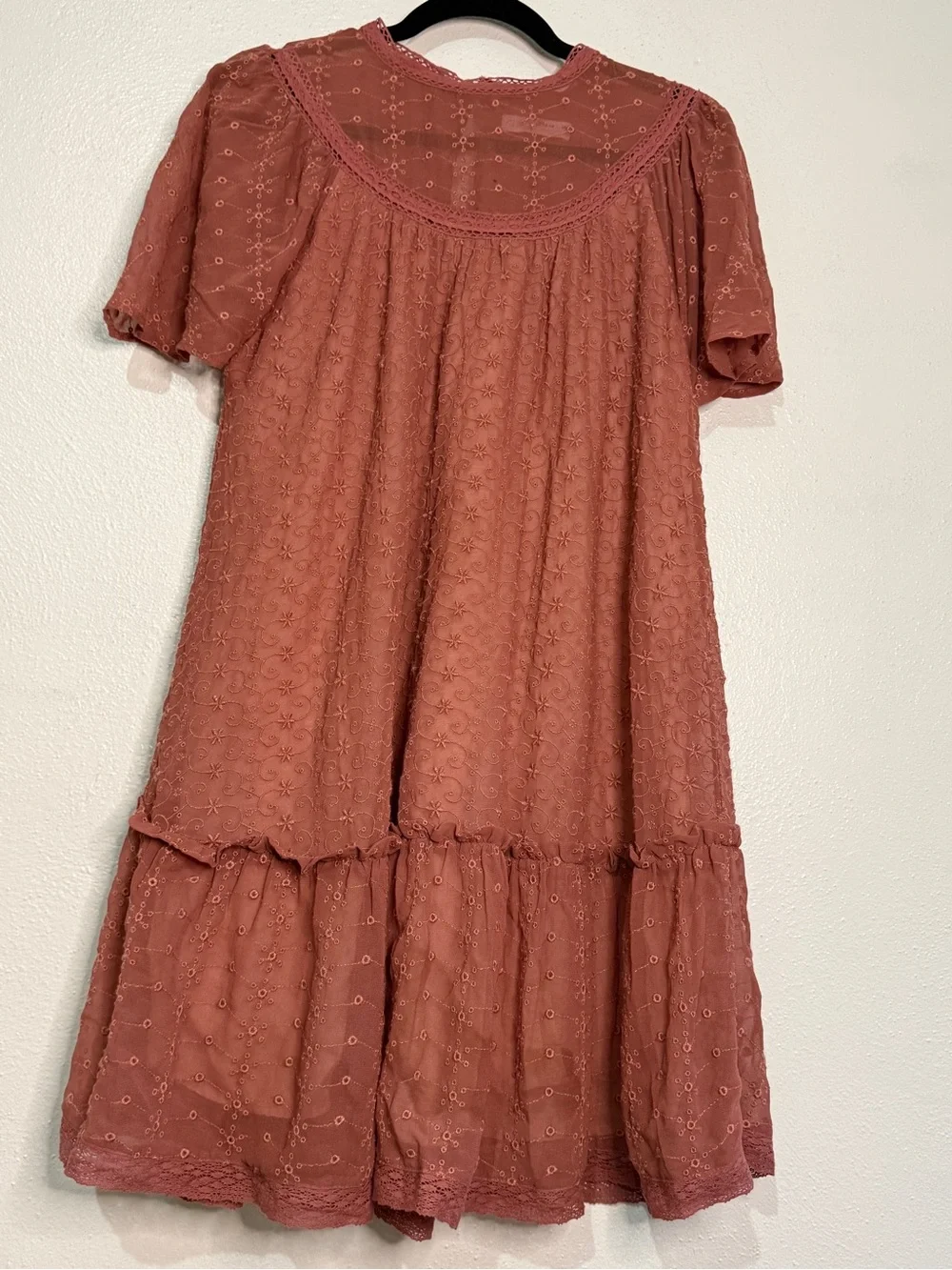 Zara Girl’s Dusty Rose Eyelet Babydoll Dress. Sz 13-14.